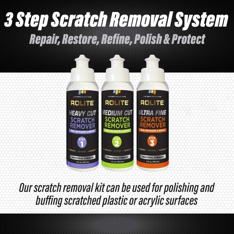 Rolite 3 Step Scratch Removal System for Clear Plastic and Acrylic Surfaces - Heavy Cut, Medium Cut and Ultra Fine Combo Set Removes Scratch and Swirl Marks, 3 - 4 Ounce Bottles - Image 4